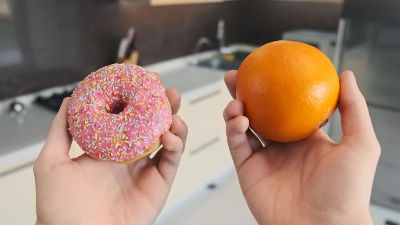Two male hands holding a donut and an orange. Chosing healthy food. Kitchen on the background