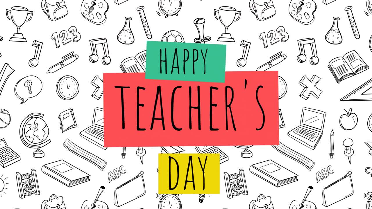Animation of happy teachers day text over school items icons