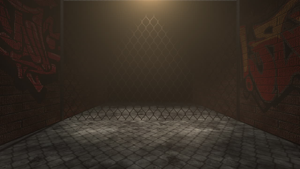 야간 건물의 그룬지 벽이 있는 도시의 어두운 골목길에 모션 카메라