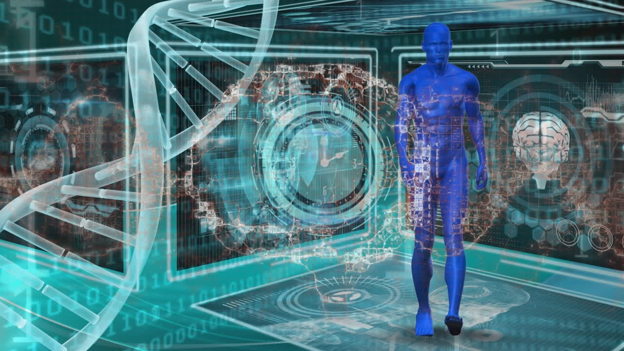 Animation of clock moving and digital human over dna strand