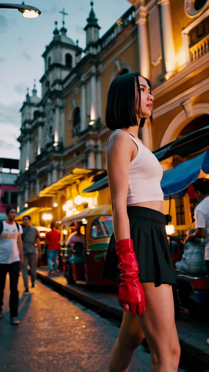 밤에 도시에서 여자