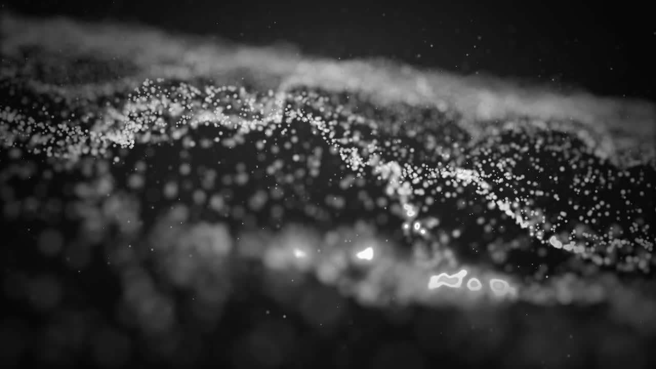 Abstract white background with moving wave particles. Backdrop of bokeh. Loop.