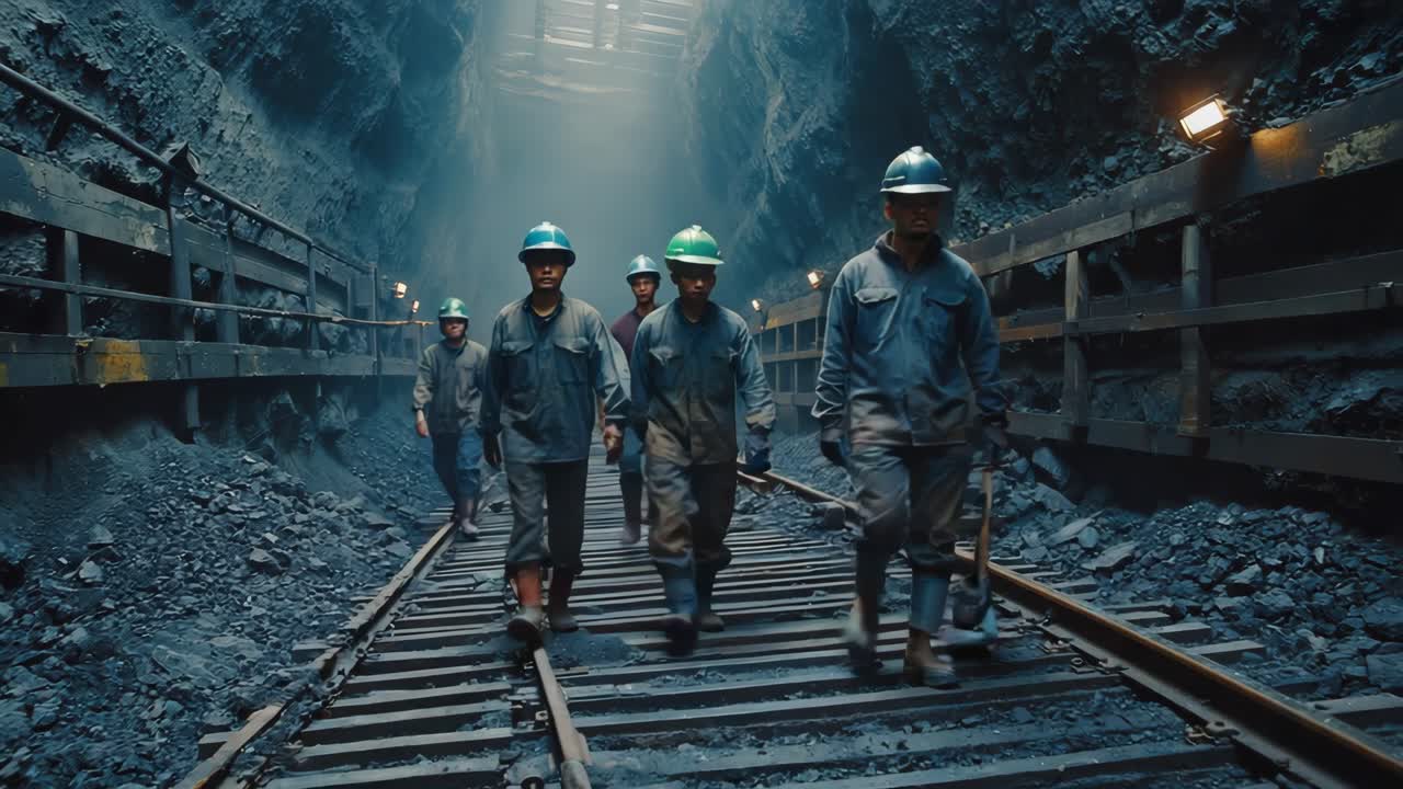 Coal Miners Walking Through Underground Mine Tunnel