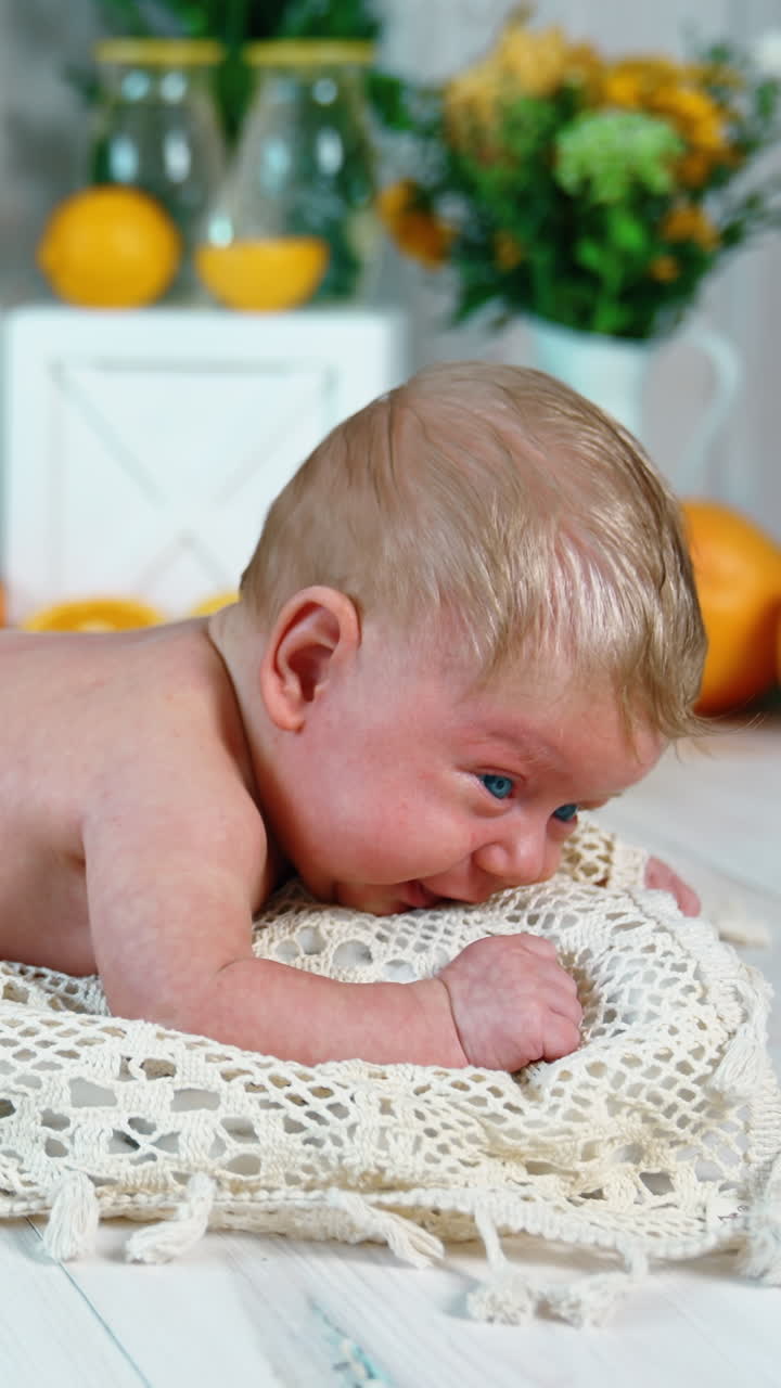 Studio footage of a little Caucasian infant wearing yellow pants. Blue-eyed baby trying to keep head up. Citruses around at backdrop. Vertical video
