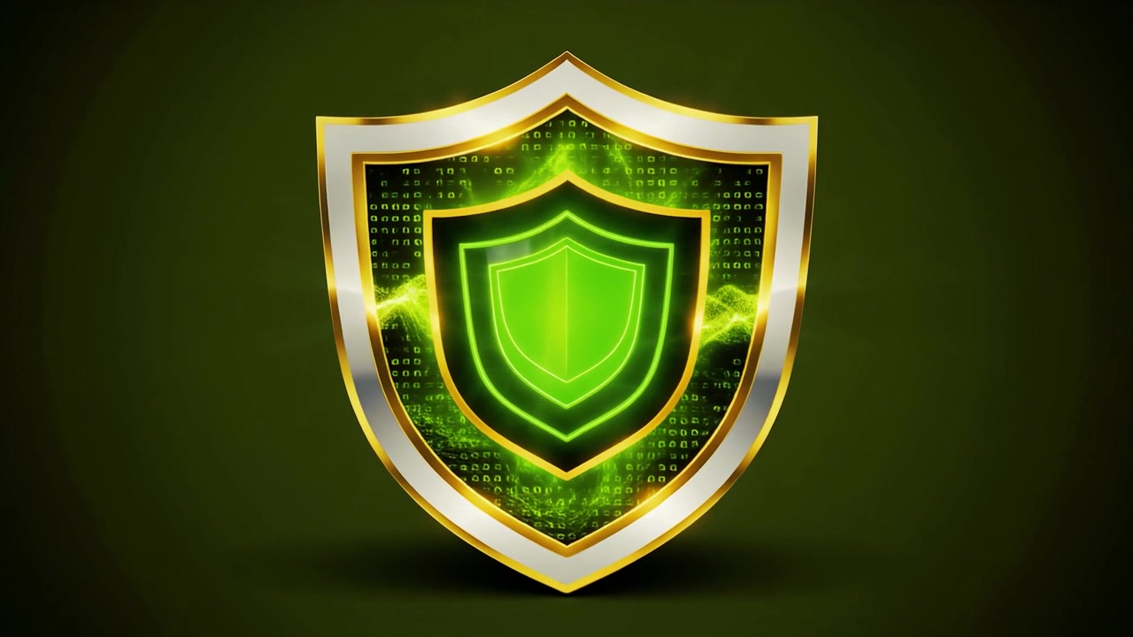Digital Security Shield Icon with Glowing Green Binary Code Background