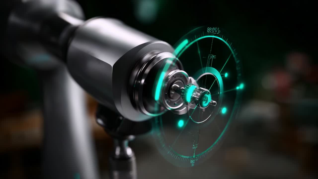 A Close-up View of a Robotic Arm Mechanism with Hypermodern Technology Displaying a Multicolored Circular Graph and Progress Indicator, Symbolizing Innovation in Automation and Precision Engineering