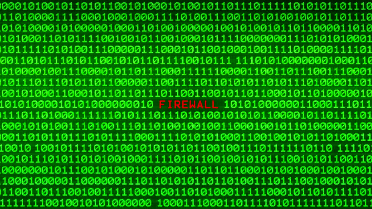 FIREWALL Word Revealing on Wall of Green Binary Code  Between Random Binary Data Matrix Background