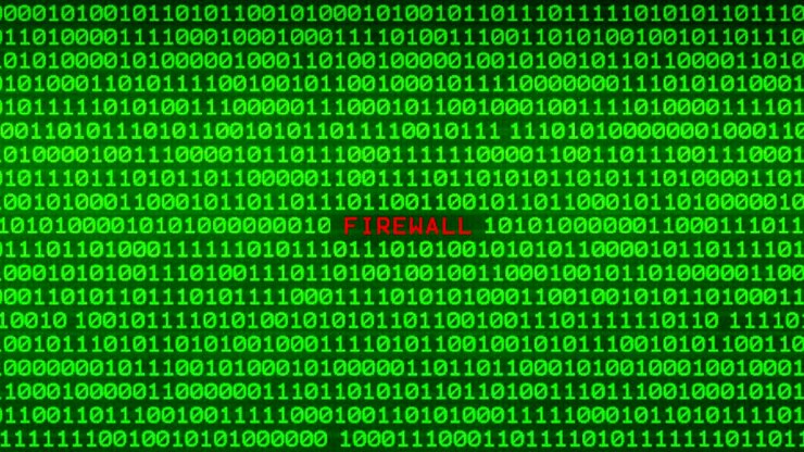 FIREWALL Word Revealing on Wall of Green Binary Code Between Random Binary Data Matrix Background