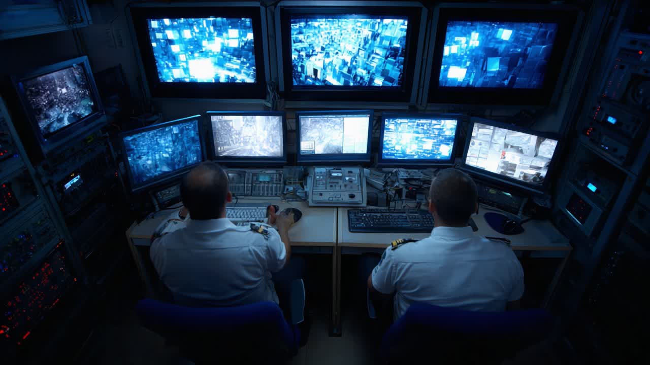 Two Operators Analyzing Data from Multiple Screens in a Control Room Environment, Showcasing the Importance of Technology in Surveillance and Operations