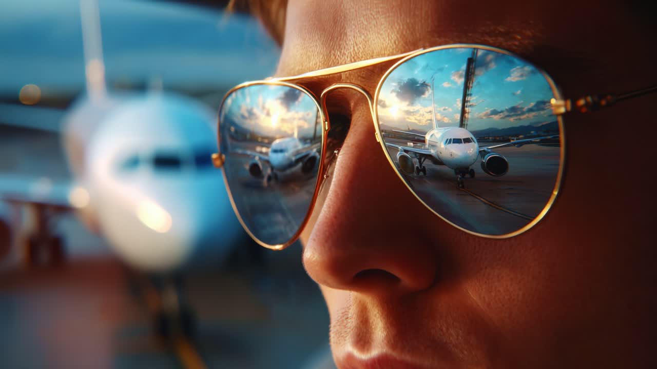 A Close-Up Shot of a Young Person Wearing Gold Sunglasses with an Airport Scene Reflected in the Lenses, Highlighting Two Airplanes Parked on the Tarmac Against a Beautiful Evening Sky