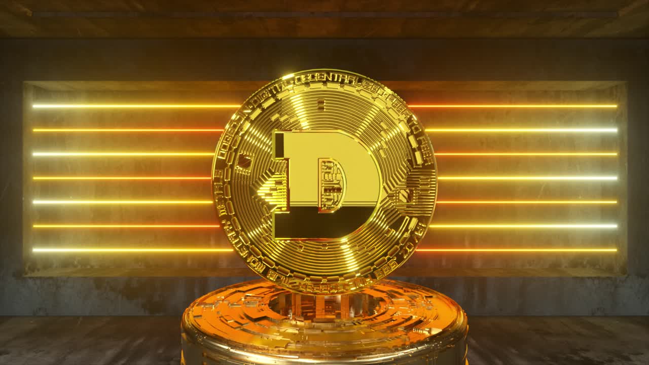 Esposizione di monete cripto dorate in un'ambientazione futuristica al neon