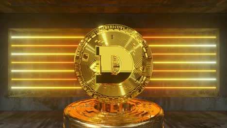 exhibición de monedas de oro criptográficas en un entorno de neón futurista