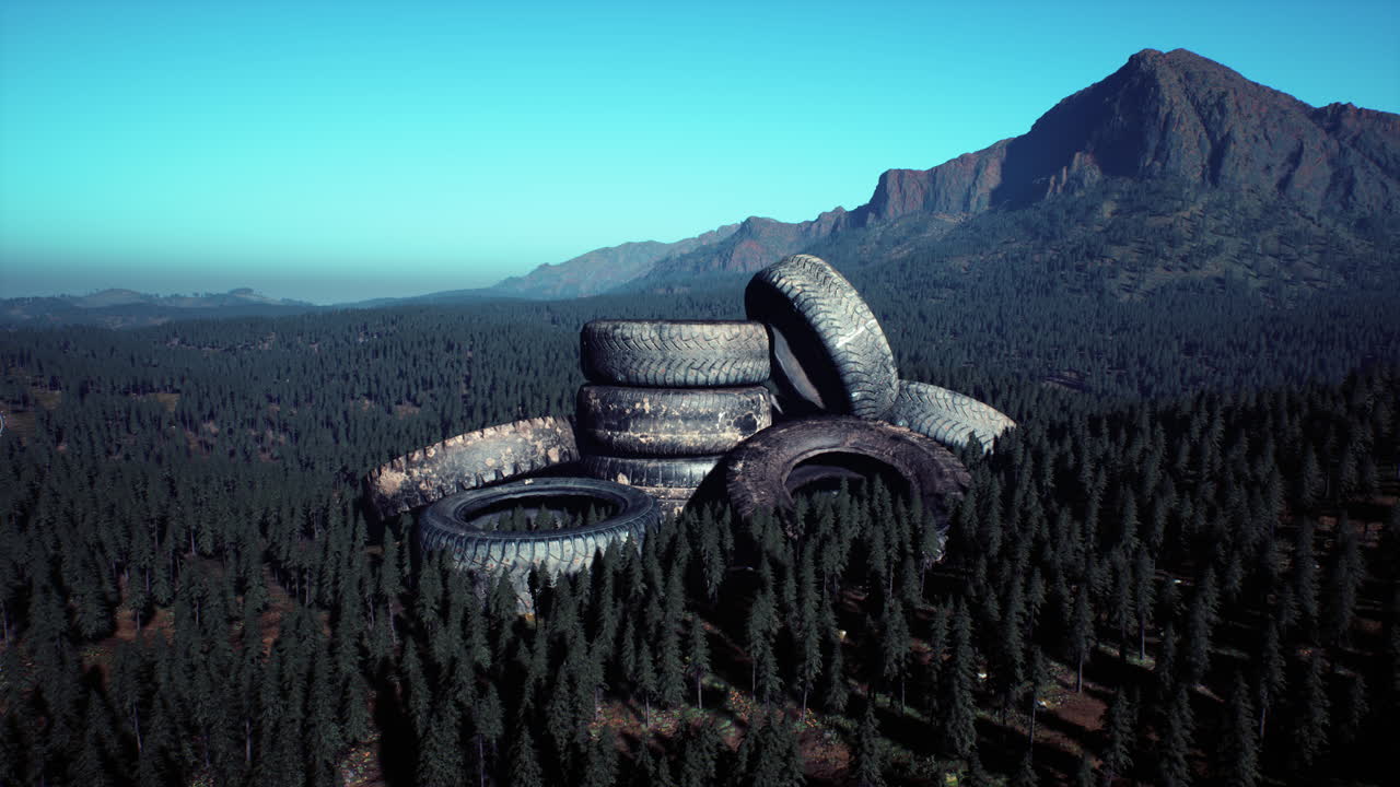 산 속 에 버려진 자동차 타이어