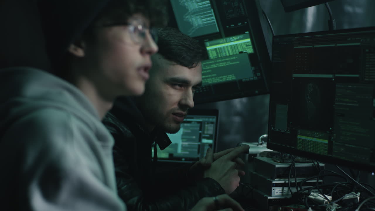 Two young hackers collaborating in a dark room with multiple computer screens.