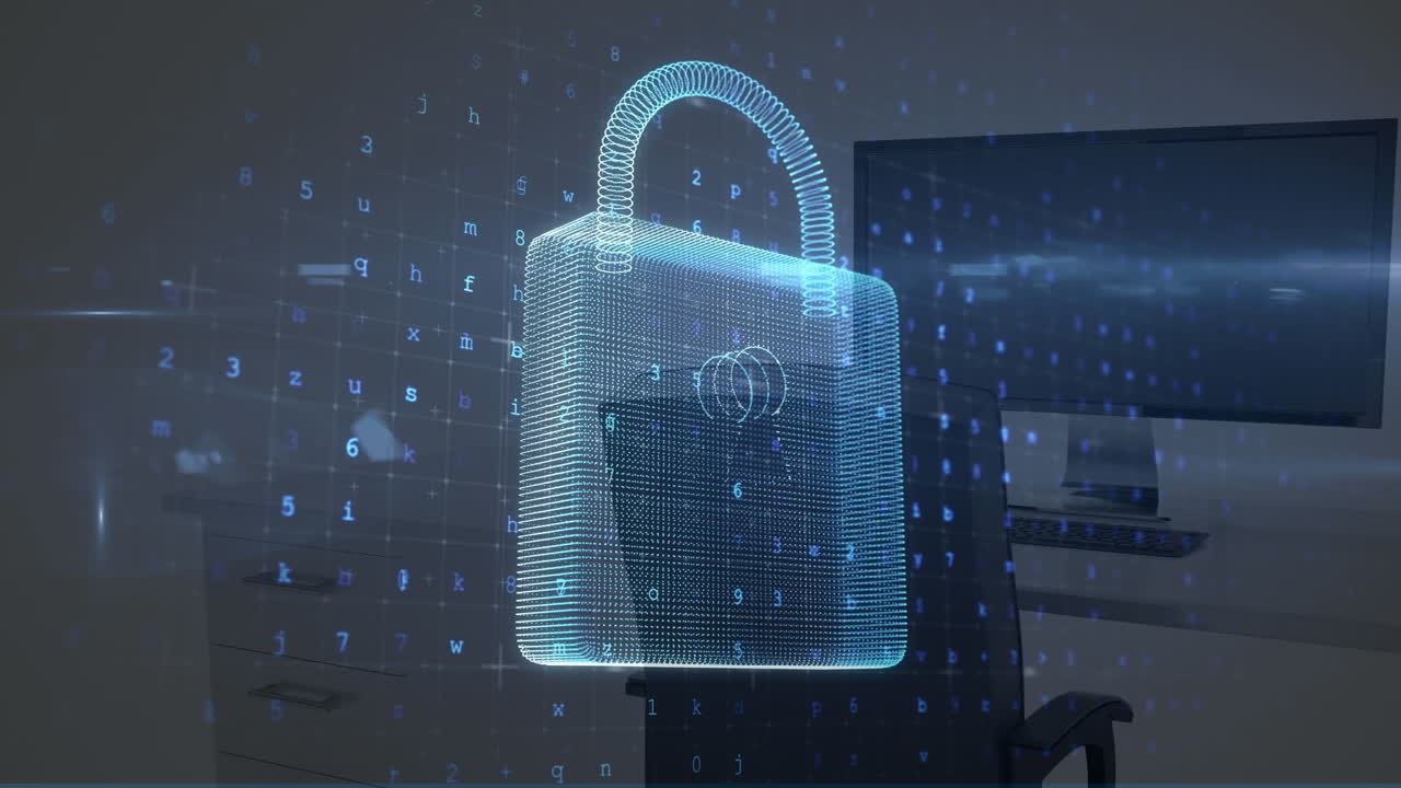 Animation of digital padlock and numbers over computers in office
