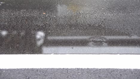slow motion, rain water drops falling into road on asphalt,