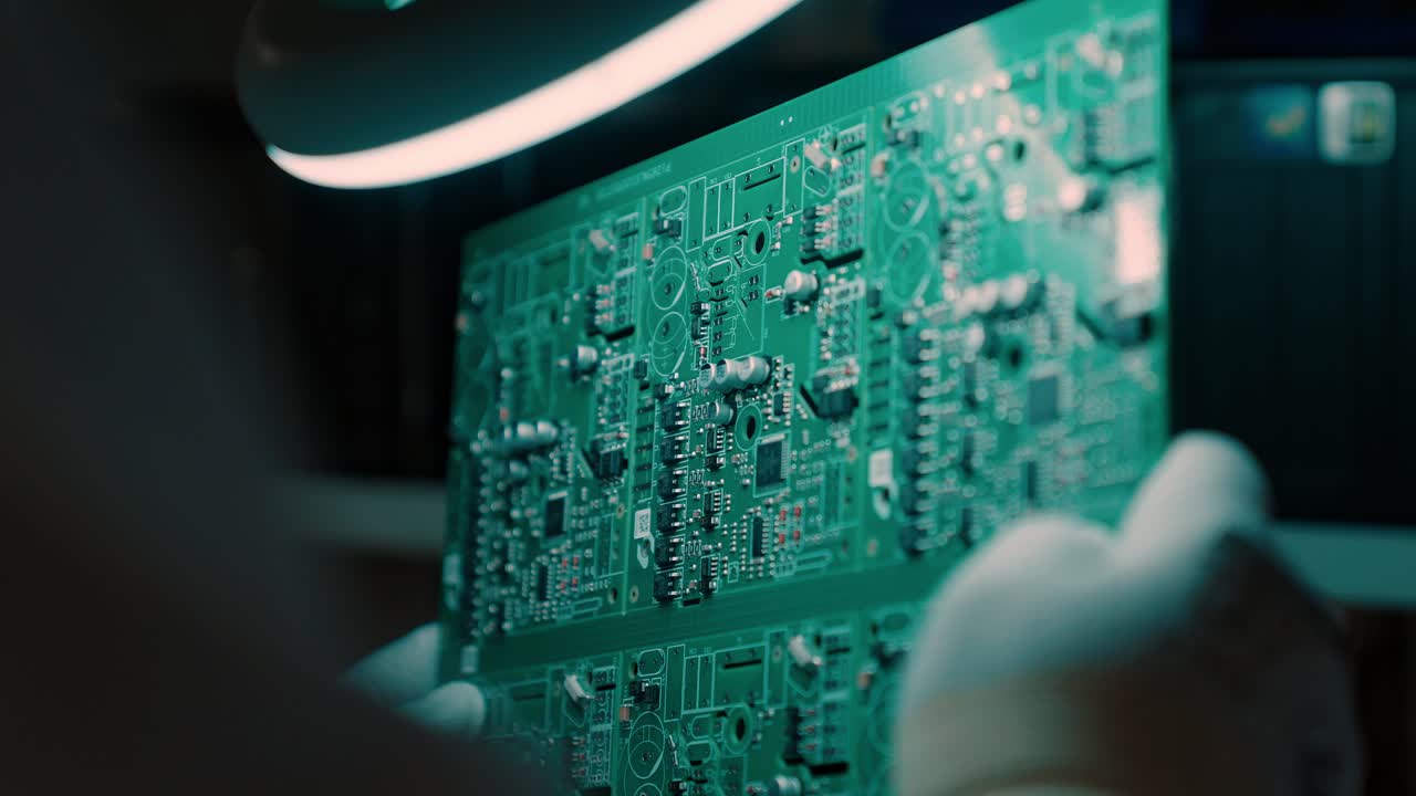 Technician inspects circuit board under lamp in slow motion detail view