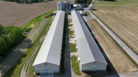 Lange-Scheunen-Auf-Amerikanischer-Farm-Mit-Silos