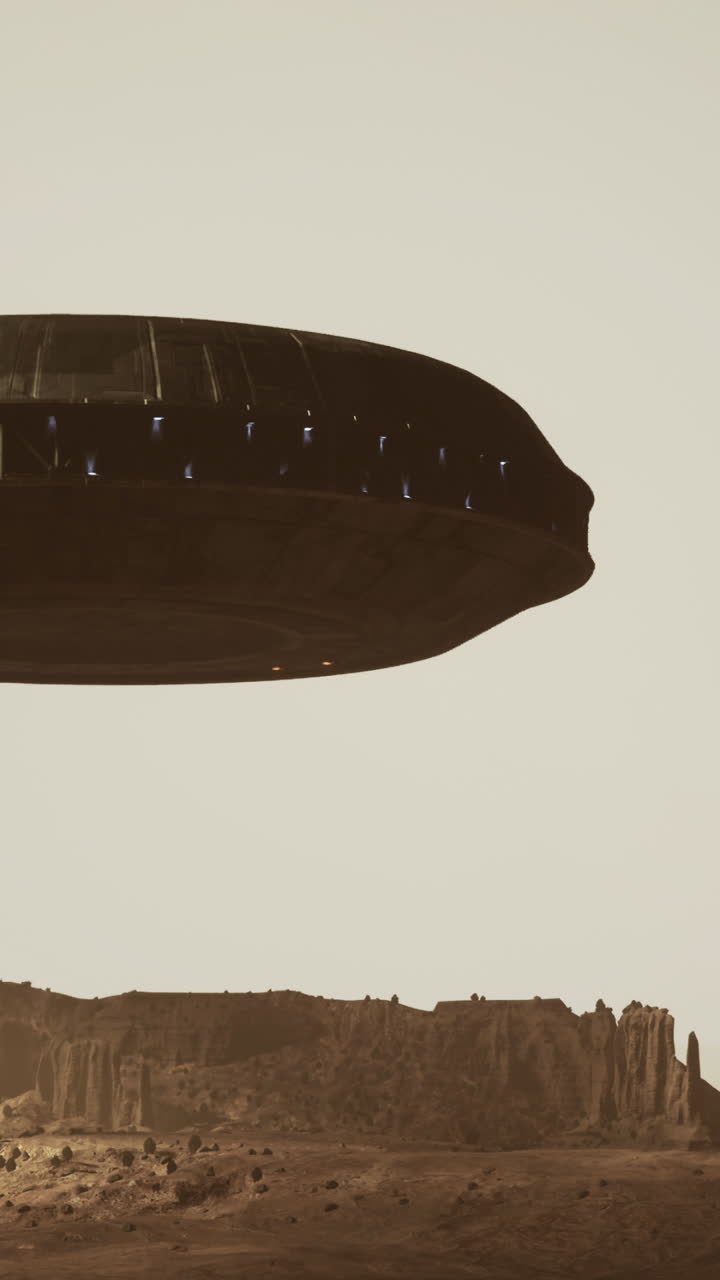 Ufo observed above rocky terrain in a surreal landscape during twilight