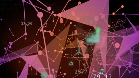 animación de iconos digitales, redes de plexus y procesamiento de datos contra un fondo rojo.