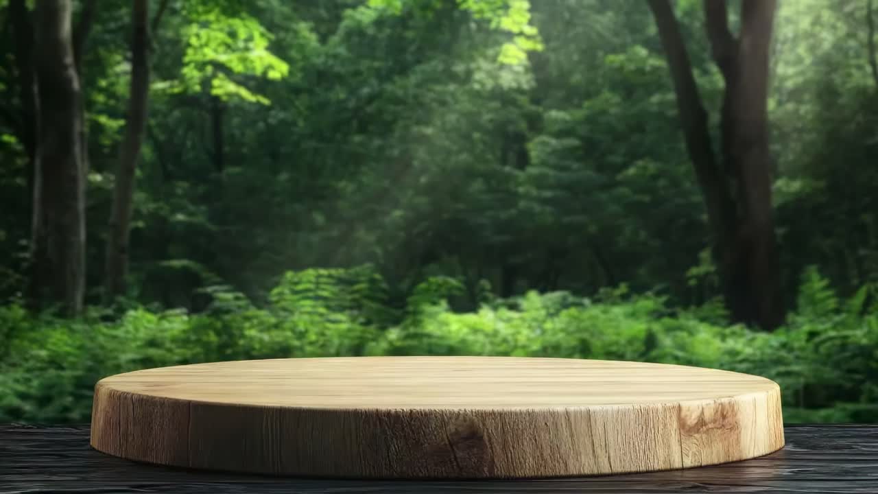 A wooden platform in a lush forest setting, captured from a low-angle, ideal for nature-themed video