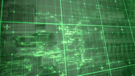 Animation-of-illuminated-grid-over-moving-green-abstract-pattern-in-background