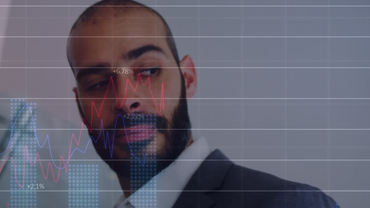 Financial data processing against biracial businessman smiling at office