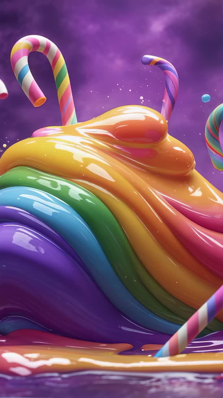 Vertical video: Gravity pulling rainbow mound sagging, dripping on shiny base, leaning candy canes