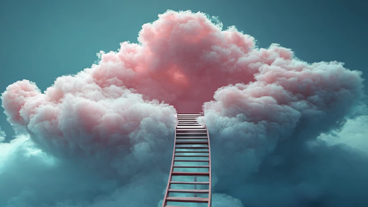 A pink cloud with a red ladder in the middle. The ladder is going up and down. The sky is blue