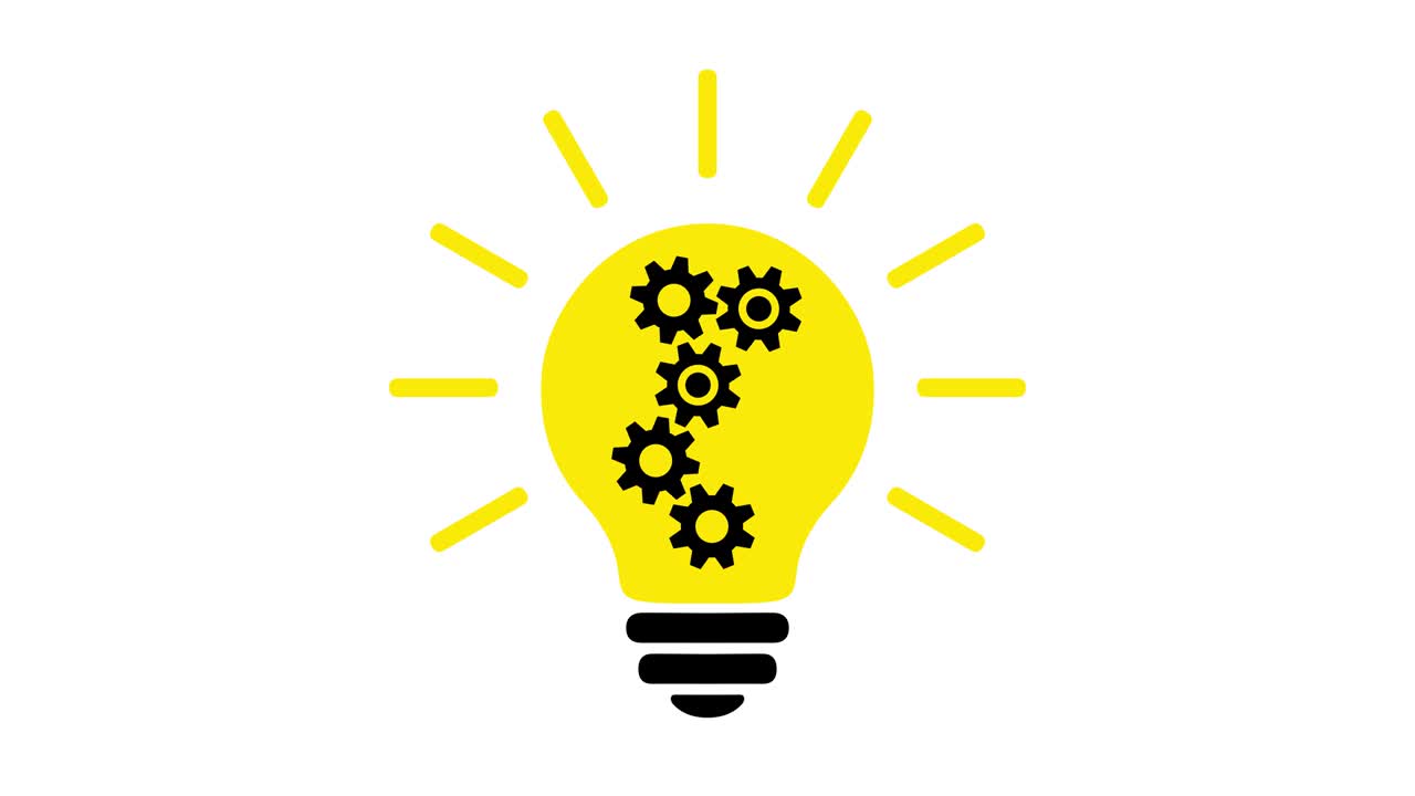 Lamp bulb with 5 gears (cog wheels) rotating inside, turns on and off, yellow and black simple flat icon.