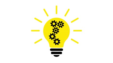 lamp bulb with 5 gears (cog wheels) rotating inside, turns on and off, yellow and black simple flat icon.