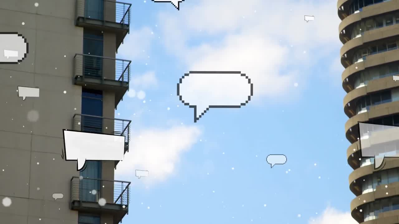 높은 건물에 부 ⁇ 히는  ⁇  입자와 여러 개의 빈 연설 거품