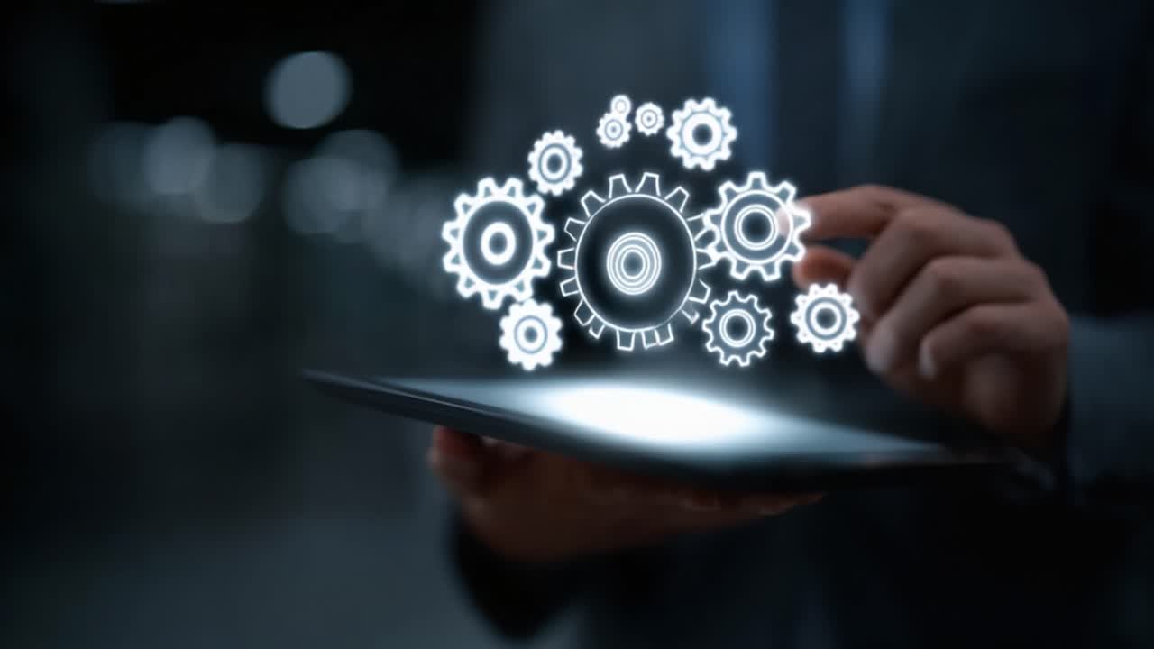 A Professional Engaging with Futuristic Technology: Touchscreen Device Displaying Interactive Gear Graphics for Innovative Solutions and Optimization