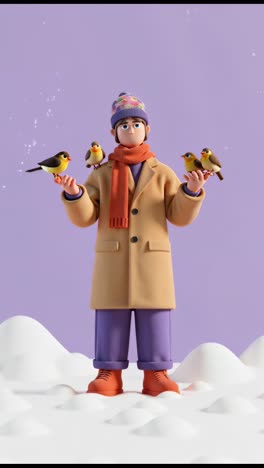 a 3d rendered man in a winter outfit holding birds