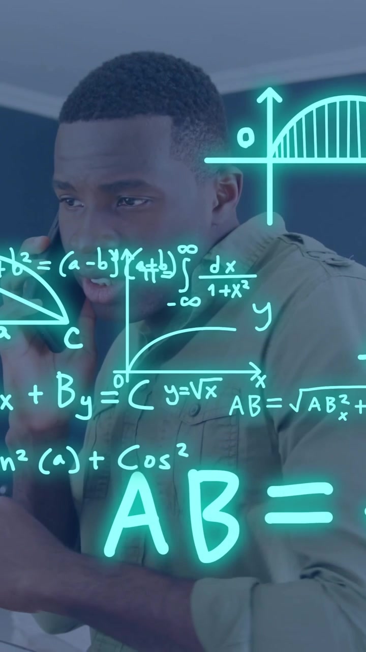 Animation of equations over african american man using laptop and smartphone in bedroom