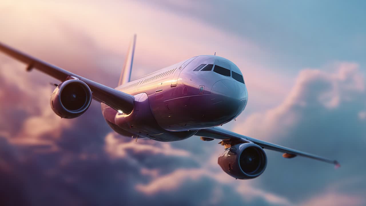 Un maestoso aeroplano vola attraverso nuvole colorate verso un orizzonte luminoso, catturando l'essenza del viaggio e dell'avventura nel cielo aperto