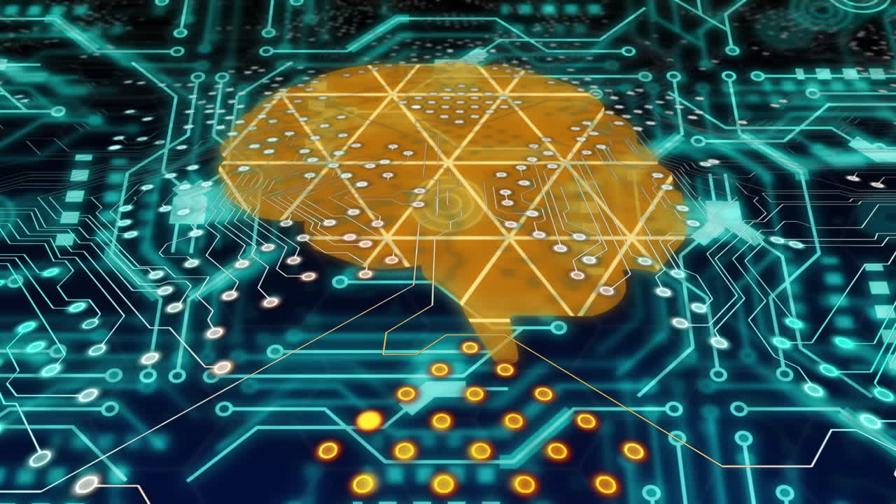 Animation of human brain, data processing over computer circuit board