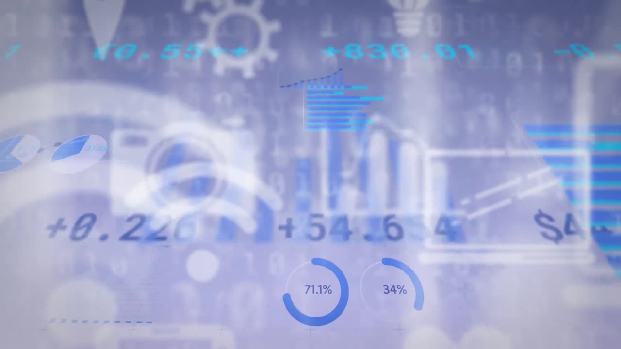 Animation of line with financial data processing over digital interface icons