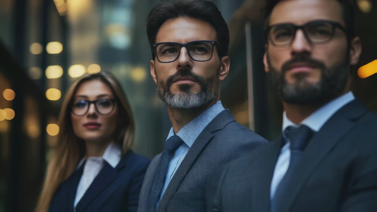 Business partners straightening tie next to businesswoman wearing professional suits, standing outdoors in contemporary urban cityscape with modern buildings in background