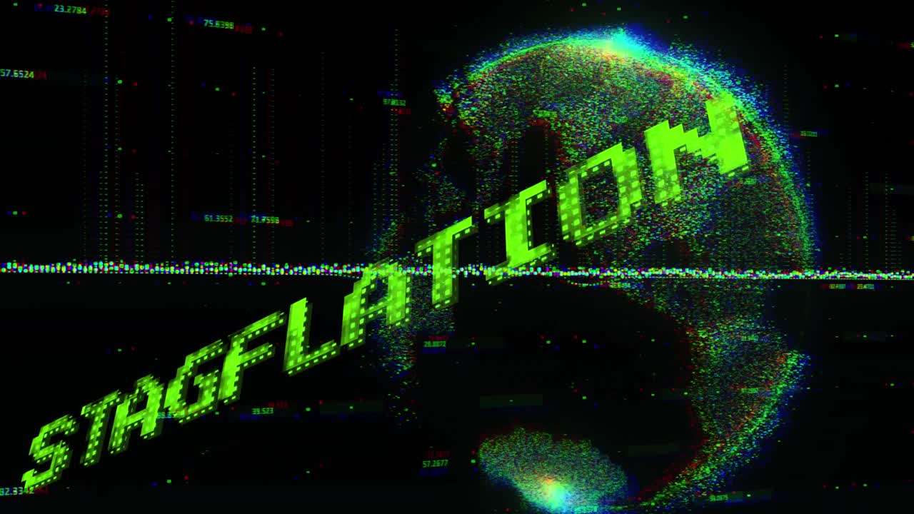 글로벌 네트워크 처리 데이터에서 녹색으로 스태그플레이션 텍스트의 애니메이션