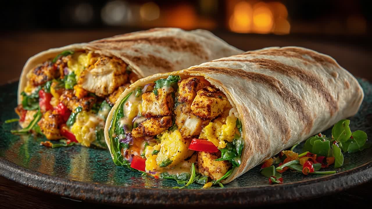 Deliciously Grilled Chicken Wraps with Colorful Vegetables and Fresh Greens, Perfectly Made with Warm Tortillas, Ideal for a Satisfying Meal Experience