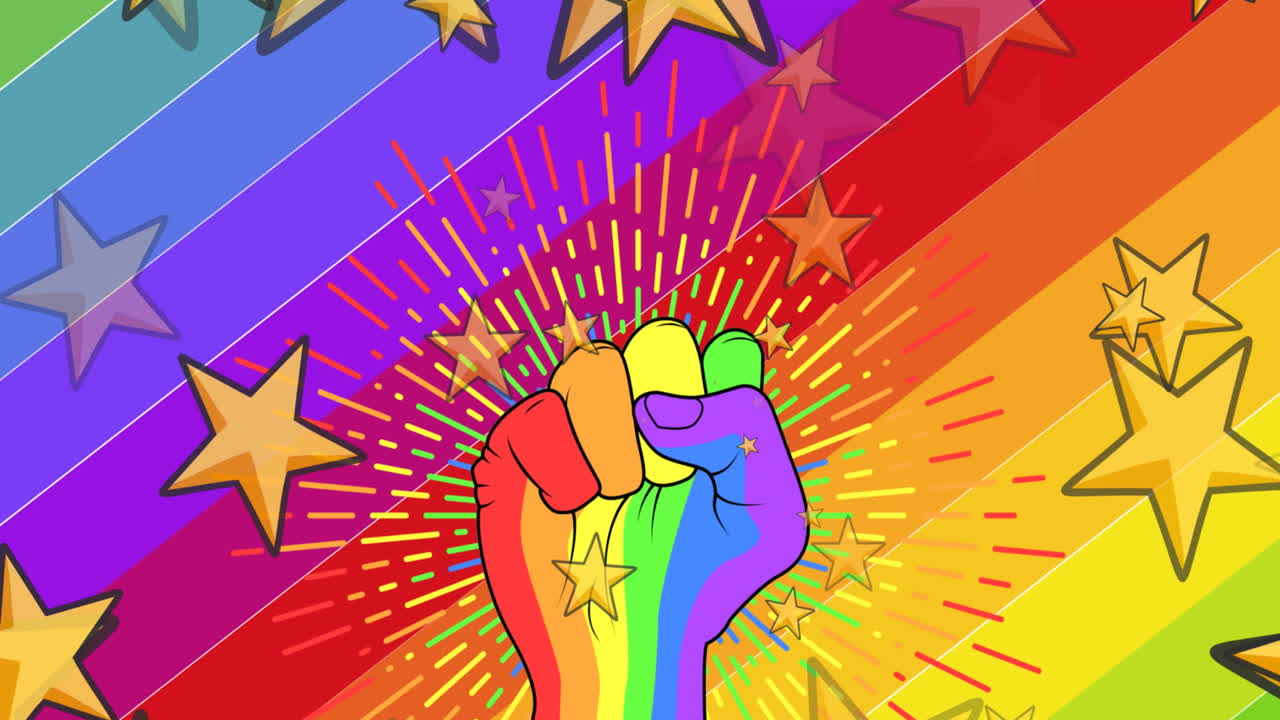 animación de estrellas caídas y puño sobre arco iris