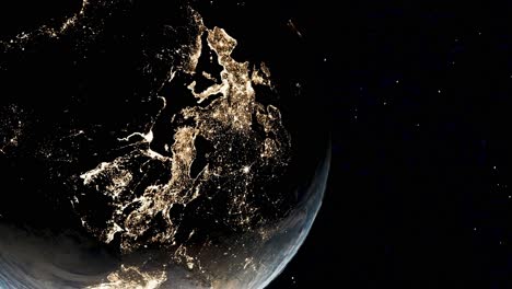 Western-Europe-night-lights-from-space-on-rotating-globe,-3d-render