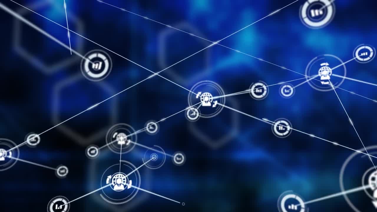 animación de la red de conexiones con iconos sobre formas sobre fondo negro
