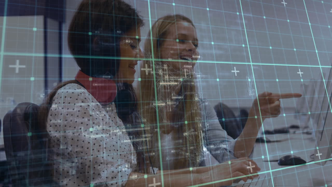 Animation of two women using a computer over data processing, statistics showing in the background.