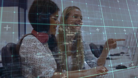 animation of two women using a computer over data processing, statistics showing in the background.