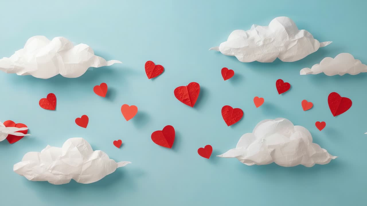 Loop iniziale, cuori di carta rossi che fluttuano e ruotano su uno sfondo blu pallido con nuvole di carta bianche