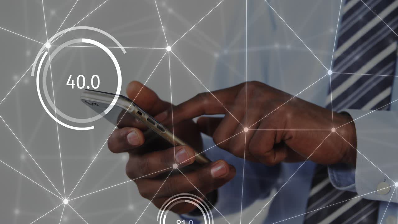 animación de la red de conexiones sobre el empresario afroamericano en el teléfono inteligente