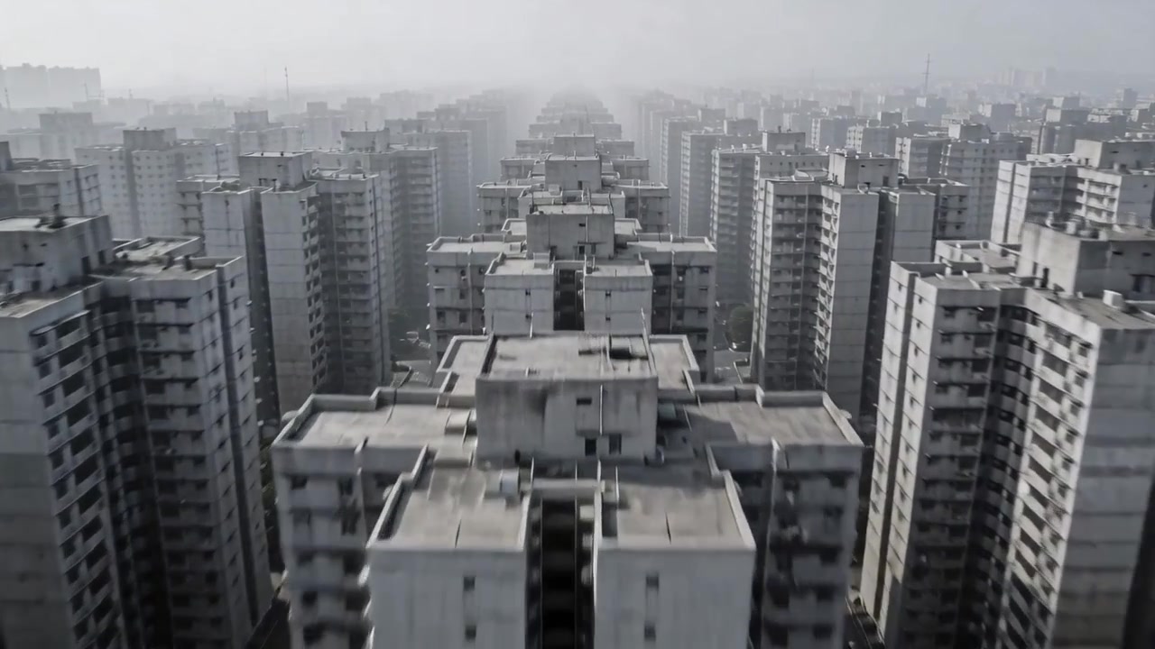 Dron ascendiendo revelando torres urbanas sobre rejillas de ventilación de tejados, balcones y carriles, mostrando la escala y la neblina.