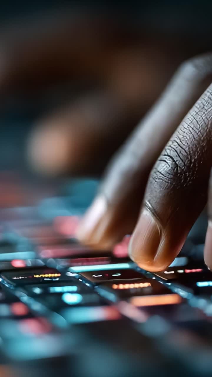 Indfang kompleksiteten af en hånd, der skriver på et farverigt tastatur, og fremvis unik belysning og teksturer i et nærbillede